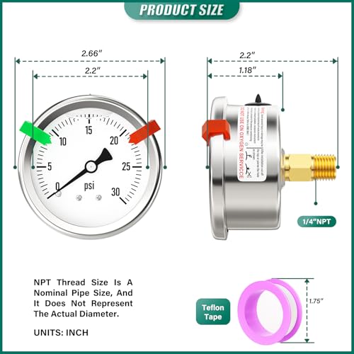0 30PSI Stainless Steel Liquid Filled Pressure Gauge