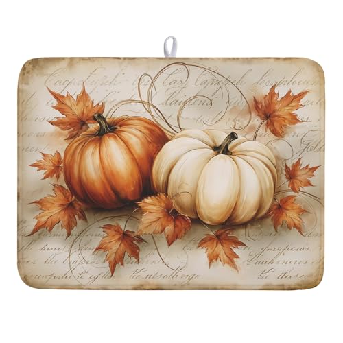 Fall Pumpkin Dish Drying Mat 18”x24”Vintage Autumn Drying Mat for Kitchen Counter Absorbent Maple Leaf Fall Thanksgiving Farmhouse Dishes Pad Drainer Mat Countertop Protector for Kitchen Fast Dry