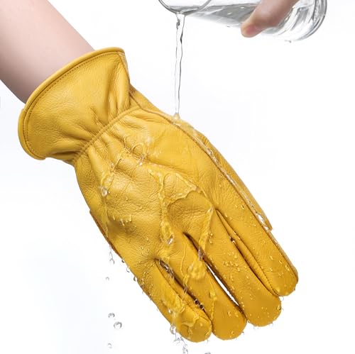 Water Repellent Cowhide Leather Work Gloves for Men 1 Pair Gold XXL