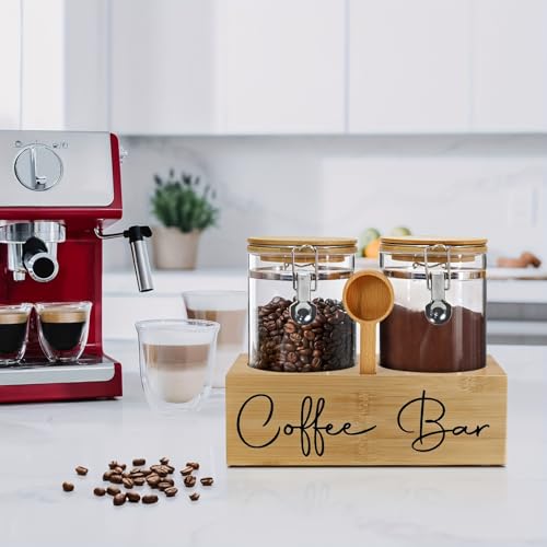 Glass Coffee Canister Set with Bamboo Shelf & Spoon