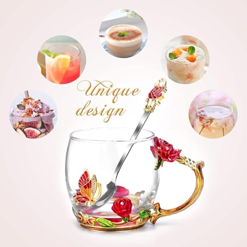 Tea Cup Gifts for Mom Women Mothers Day Glass Coffee Enamels Mug Birthday Butterfly Rose Valentines Day Christmas Tea Cup with Spoon