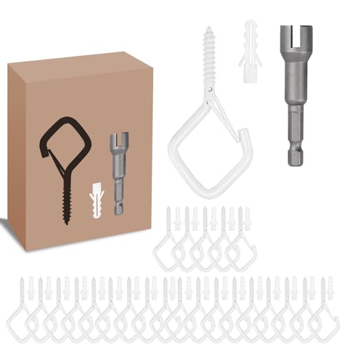 50 PCS White Eye Screw Hooks for Hanging Heavy Duty with Safety Buckle.Metal Ceiling Hooks for Hanging Plants Cup Wind Chime Bird Feeders Patio Lights At Indoor&Outdoor (50 Count)