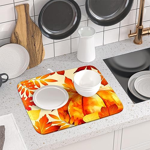 Autumn Pumpkin Maple Leaf Dish Drying Mat for Kitchen Counter