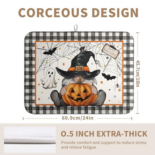 Halloween Gnomes Dish Drying Mat Bats Pumpkins Large Kitchen Mats Dish Drying Pad Buffalo Plaid Absorbent Dish Dryer Mat for Kitchen Countertops Microfiber Drainer Pad Dish Drying Mats