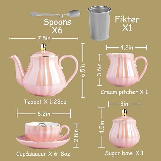 Sweejar Porcelain Tea Sets British Royal Series, 8 OZ Cups& Saucer Service for 6, with Teapot Sugar Bowl Cream Pitcher Teaspoons and tea strainer for Tea/Coffee (Coral White)
