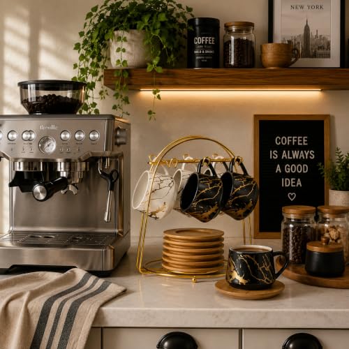 Ceramic Espresso Cups with Saucers and Metal Stand (7.6 Count)