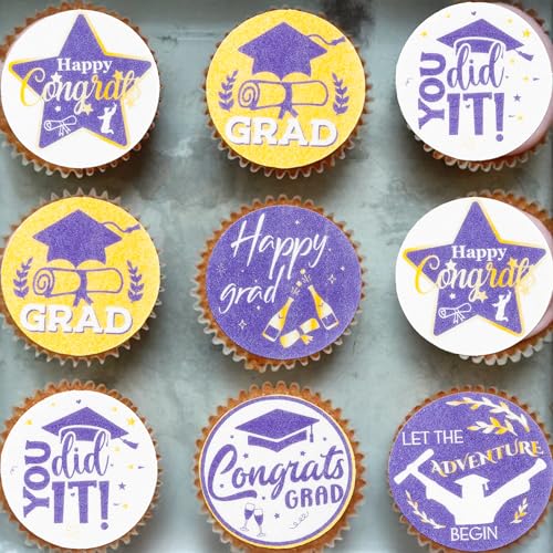 48Pcs 2026 Graduation Cupcake Toppers Wafer Paper Class of 2026 Cake Decorations Edible Congrats Grad Cupcake Picks for 2026 Graduation Theme Party Cake Supplies Gold Purple (48 Count)