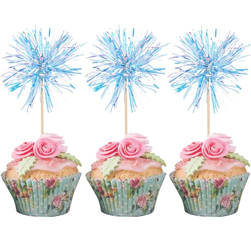 30 PCS Foil Firework Cupcake Toppers Happy Birthday Cupcake Toppers Sparkle Tinsel Flower Drink Stirrers Cocktail Fruit Toothpicks for Valentine's Day Baby Shower Party Cake Decor Supplies Blue (30 Count)