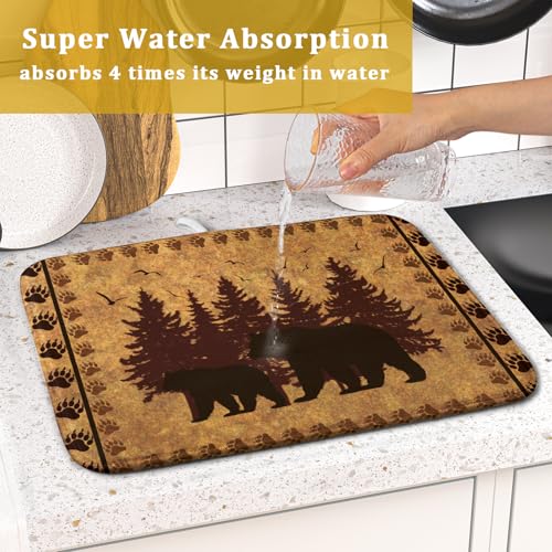 16"x18" Brown Bear Dish Drying Mat Rustic Forest Wildlife Woodland Dish Drainer Mats for Kitchen Countertop Farmhouse Animal Paw Print Fast Dry Microfiber Dish Drying Pad Decoration