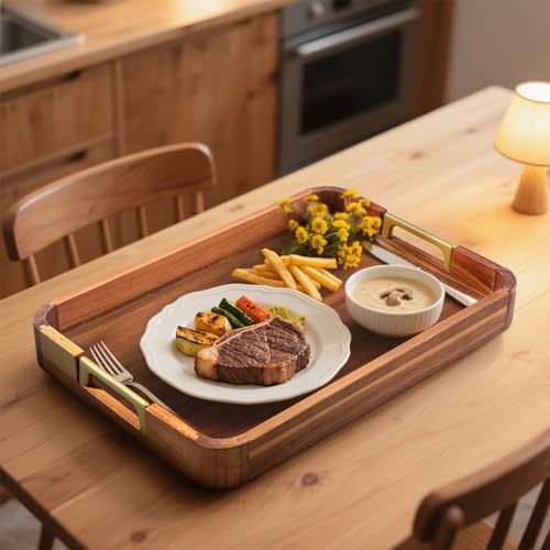 Acacia Wood Serving Tray with Metal Handles