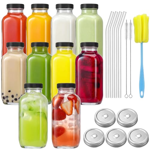 10pcs 16oz Glass Juice Bottles with Lids (10 Count)