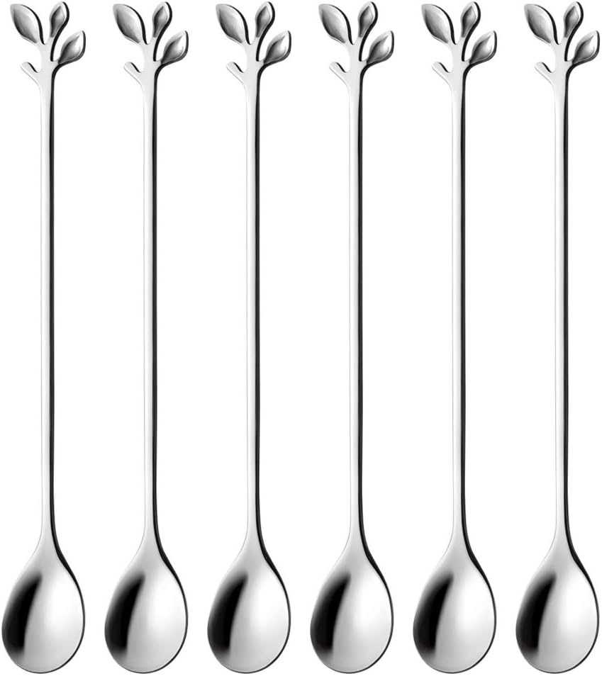 AnSaw 6-Piece Elegant Silver Leaf Long Handle Teaspoons - 7.4