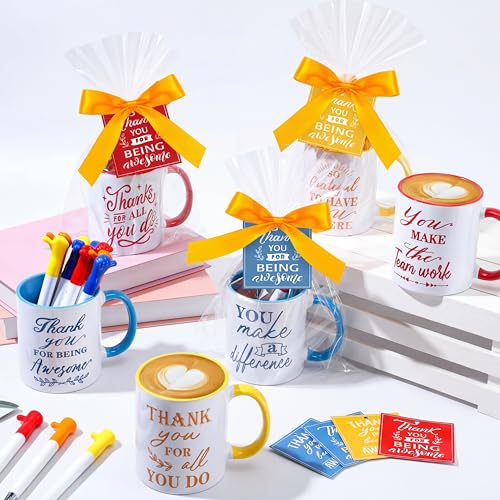6 Set Employee Appreciation Gifts Include Thank You Staff Mug Gift Set 12 oz Appreciation Mugs Inspirational Pens Tags for Employee Staff Team Group (6 Count)