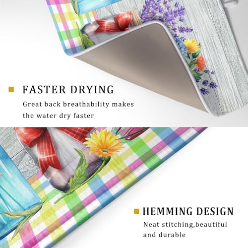 Spring Summer Flowers Dish Drying Mat for Kitchen Counter 18"x24" Spring Floral Jars Drying Mat Soft Absorbent Microfiber Farmhouse Colorful Floral Dish Drainer Rack Mats for Counter tops
