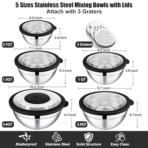 Mixing Bowls Stainless Steel Salad Mixing Bowl with Lid & Grater Set (5 Count)