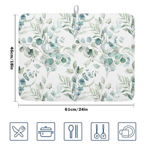 Sage Green Leaves Dish Drying Mats for Kitchen Counter 18x24 Inch
