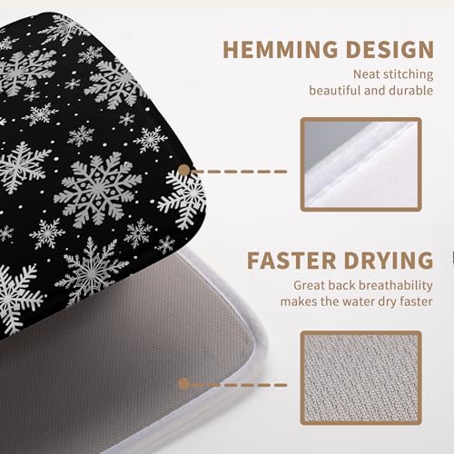 Winter Snowflake Black Dish Drying Mat Christma Snowflakes Large Kitchen Mats Dish Drying Pad Absorbent Dish Dryer Mat for Kitchen Countertops Microfiber Drainer Pad Dish Drying Mats