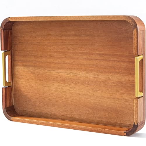 Acacia Wood Serving Tray with Metal Handles