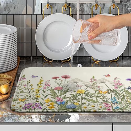 Spring Dish Drying Mat Summer Floral Flowers Kitchen Dish Drying Pad Absorbent Dish Dryer Mat for Kitchen Countertops Microfiber Dishes Drainer Pad Dish Drying Rack Mat