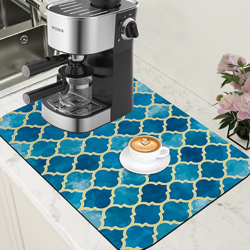 Dish Drying Mat Blue Moroccan Tile Coffee Bar Mat for Countertop Absorbent Hide Stain Rubber Backed Dish Drainer Rack Pad Coffee Maker Espresso Machine Dining Room Decor 15.7 x 23.6 Inch