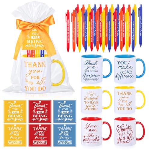 6 Set Employee Appreciation Gifts Include Thank You Staff Mug Gift Set 12 oz Appreciation Mugs Inspirational Pens Tags for Employee Staff Team Group (6 Count)