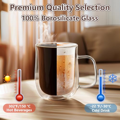 Double Walled Glass Coffee Mugs 12 oz (4 Count)