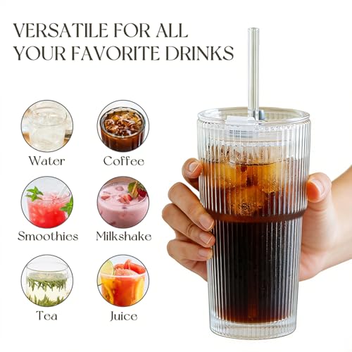 20oz Ribbed Glass Tumblers with Lids and Straws