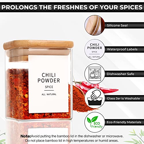 12 Pcs Square Glass Spice Jars with Natural Bamboo Lids