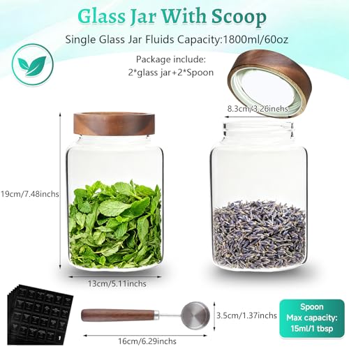 60 oz Glass Coffee Jars with Wooden Airtight Lid Spoon Clear Herb Ground Canister Round Food Storage Container for Sugar Pantry Flours Tea Coffee Bean Spice Cookies