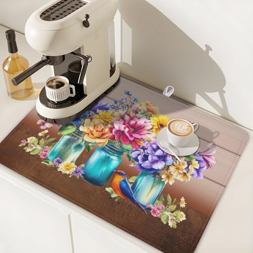 Spring Colorful Flowers Dish Drying Mat for Kitchen Counter