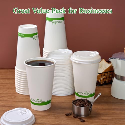 100 Count 16 oz Compostable Paper Coffee Cups with CPLA Lid