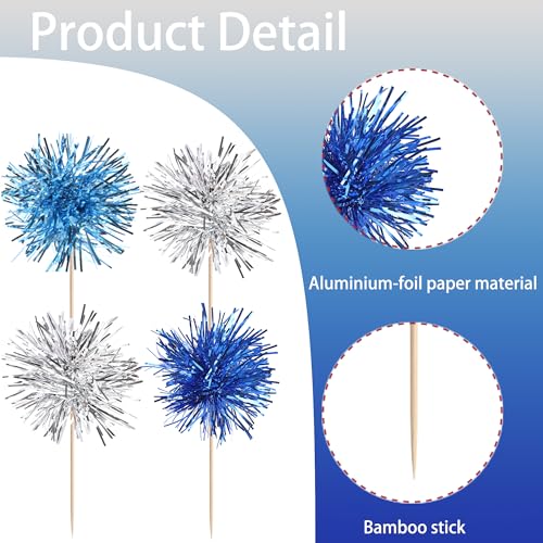 30 PCS Foil Firework Cupcake Toppers Sparkle Tinsel Cupcakae Picks Foil Firework Decorations Cocktail Fruit Toothpick for Fireworks Theme Birthday Wedding Graduation Party Decor Blue Silver Light Blue (30 Count)