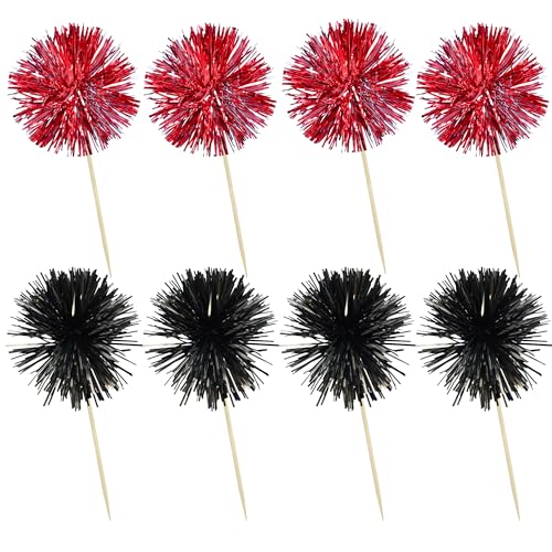 30Pcs Foil Firework Cupcake Toppers Party Birthday Cake Toppers Supplies Sparkle Tinsel Cocktail Fruit Toothpick for Birthday Wedding Graduation Party Supplies Black Red (30 Count)
