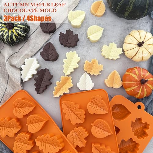 3Pack Fall Chocolate Mold.Maple Leaf Silicone Candy Mold Thanksgiving Ice Cube Molds Autumn Theme Thanksging Baking Molds for Jello Soap Candle Cake Cupcake Decoraion (3 Count)