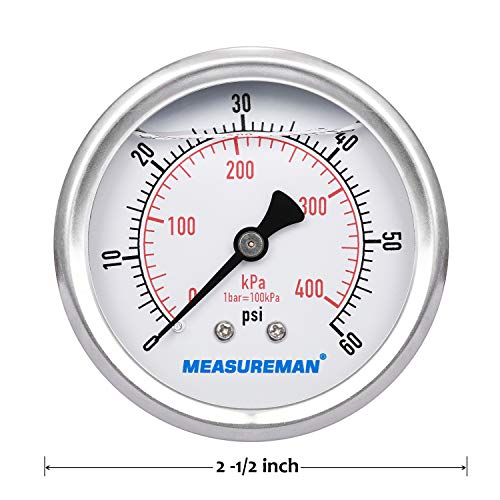2-1/2inch Dial Size, Liquid Filled Pressure Gauge, 0-60psi/400kpa, 304 Stainless Steel Case, 1/4inchNPT Back Mount
