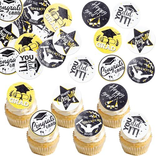 48Pcs Edible Graduation 2026 Cupcake Toppers Wafer Paper Grad Cap Diploma Cake Decoration Picks for 2026 Grad Theme Party Cake Decor Supplies Black Gold (48 Count)