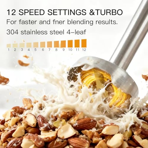 3-in-1 Immersion Hand Blender, Powerful MOTOR 12-Speed Stick Blender with Sturdy Titanium Plated Stainless Steel Blades