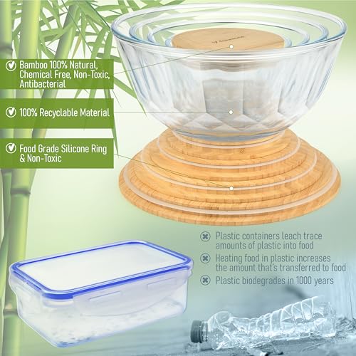 Large Stackable Glass Mixing Bowls with Bamboo Lids Set of 5