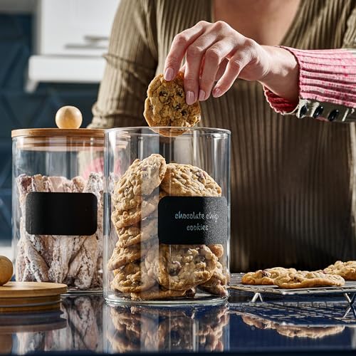 Set of 2 Glass Canisters for Kitchen Counter with Airtight Bamboo Lids + Marker & Labels (2 Count)