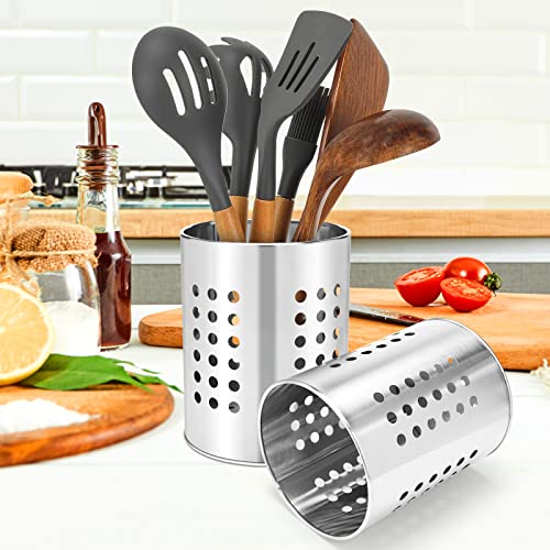 Stainless Steel Kitchen Utensil Holder Flatware Cylinder Silverware Draining Organizer Drying Rack with Round Drain Holes for Forks