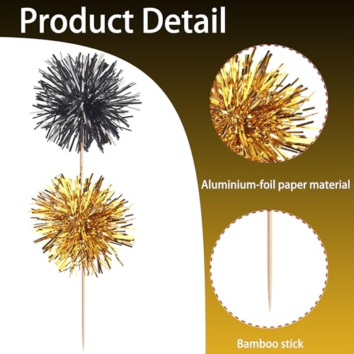 40 PCS Foil Firework Cupcake Toppers Sparkle Tinsel Cupcake Picks Fireworks Birthday Party Decorations Cocktail Fruit Toothpick for Birthday Wedding Graduation Party Decorations Supplies Black Gold (40 Count)