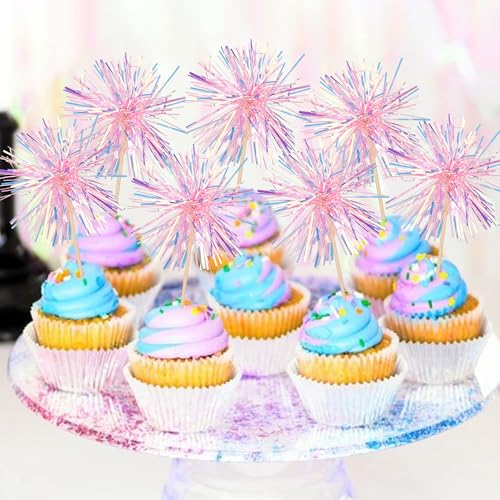 30 PCS Foil Firework Cupcake Toppers Happy Birthday Cupcake Toppers Sparkle Tinsel Flower Drink Stirrers Cocktail Fruit Toothpicks for Valentine's Day Baby Shower Party Cake Decor Supplies Pink (30 Count)