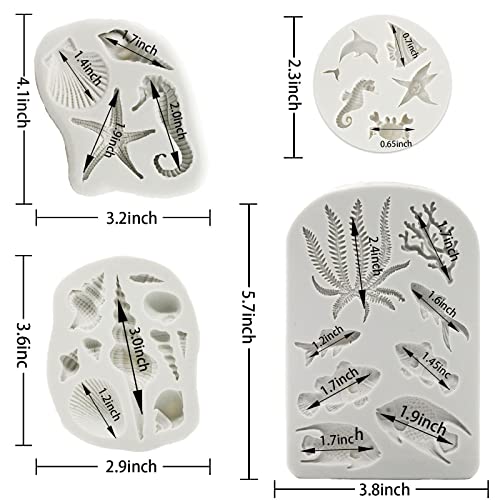 Marine Theme Silicone Fondant Mold 4pcs Under the Sea Cake Mold Hippocampus Seaweed Sea Fish Crab Coral Conch Sea Shell Silicone Chocolate Mold for DIY Ocean Theme Cake Cookie Chocolate Candy (4 Count)