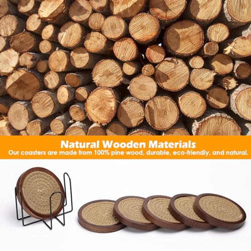 6 Pack Wood Coasters for Drinks with Cotton Coasters Insert (10 Count)