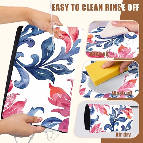 Blue and Pink Damask Coffee Mat Absorbent Dish Drying Mat for Kitchen Counter Hide Stain Coffee Bar Accessories with Rubber Backed Fit Under Espresso Machine Cafe Table