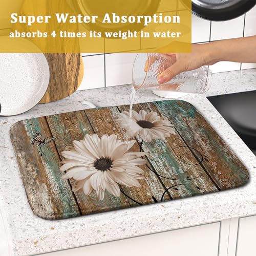 Rustic Daisy Board Dish Drying Mat for Kitchen Countertop 16x18 inch Fall Sunflower on Wooden Plank Dish Drainer Mats Fast Drying Country Shabby Chic Vintage Kitchen Drying Decor
