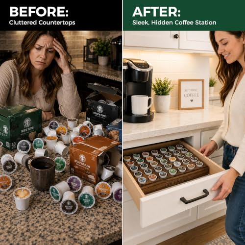 Bamboo K Cup Holder Drawer or Countertop K Cup Organizer Coffee Pod Holder Hold 35 Coffee Pod Storage Kcup Coffee Pods Holder for Coffee Station Office and Kitchen K Cup Storage