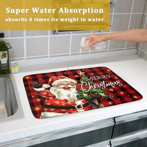 Merry Christmas Santa Claus Red Buffalo Plaid Dish Drying Mat for Kitchen Counter