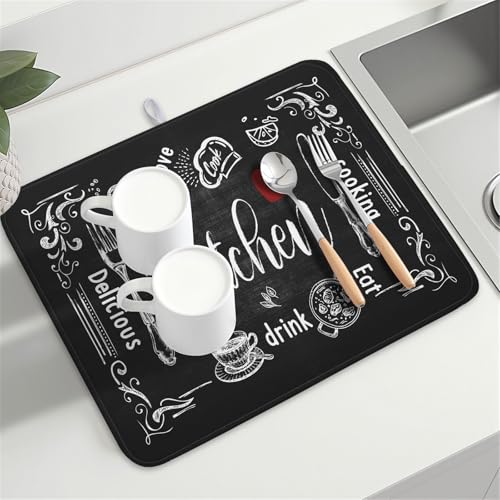 Black Coffee Bar Dish Drying Mats for Kitchen Counter 18x24 Inch