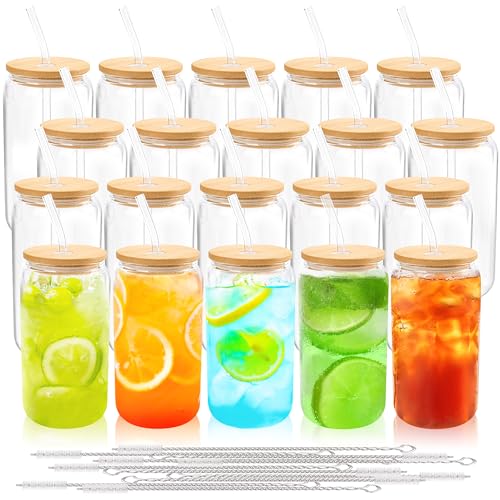 20Pcs Glass Cups with Bamboo Lids and Straws Bulk 16 oz Can Shaped (20 Count)